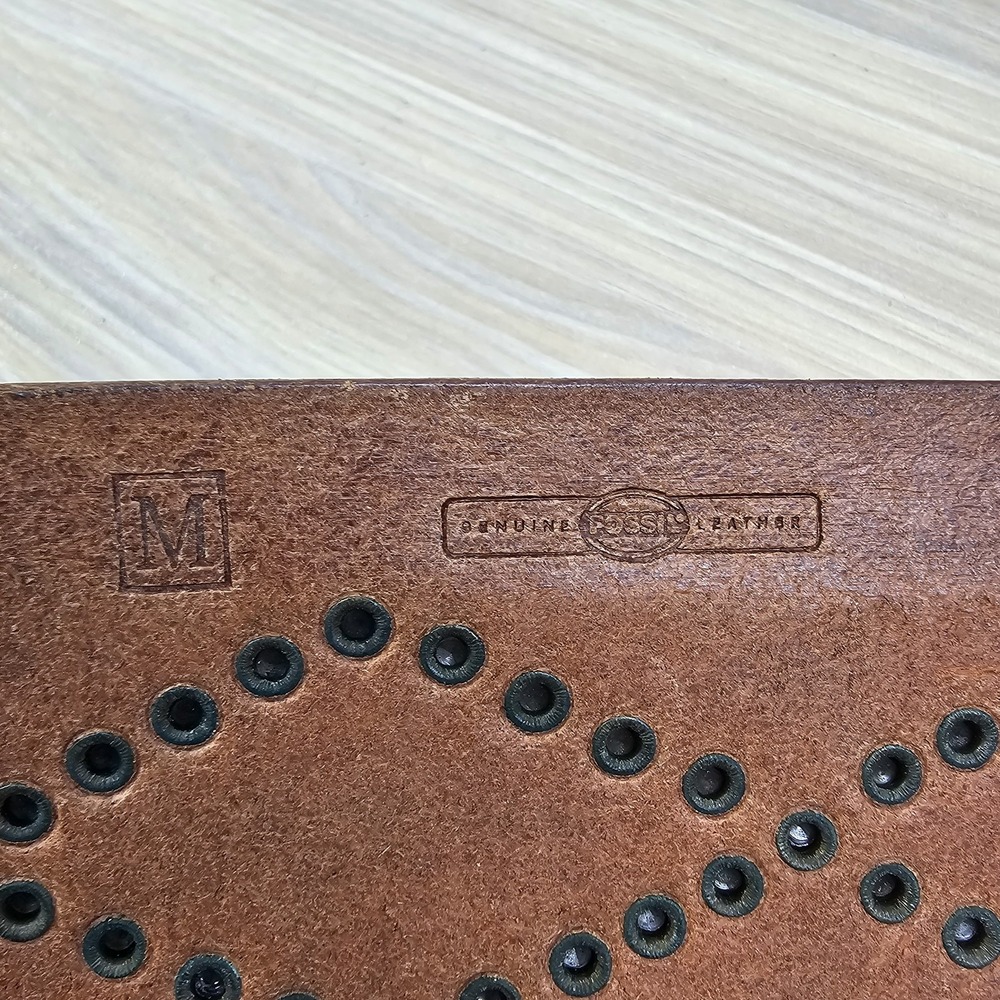Western Boho Waist Belt Women M Brown FOSSIL Studded Tooled Leather Brass Buckle - Picture 11 of 13